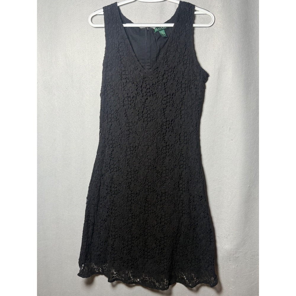 Lauren Ralph Lauren Black Floral Cotton Lace V-Neck Sleeveless Dress Size 14